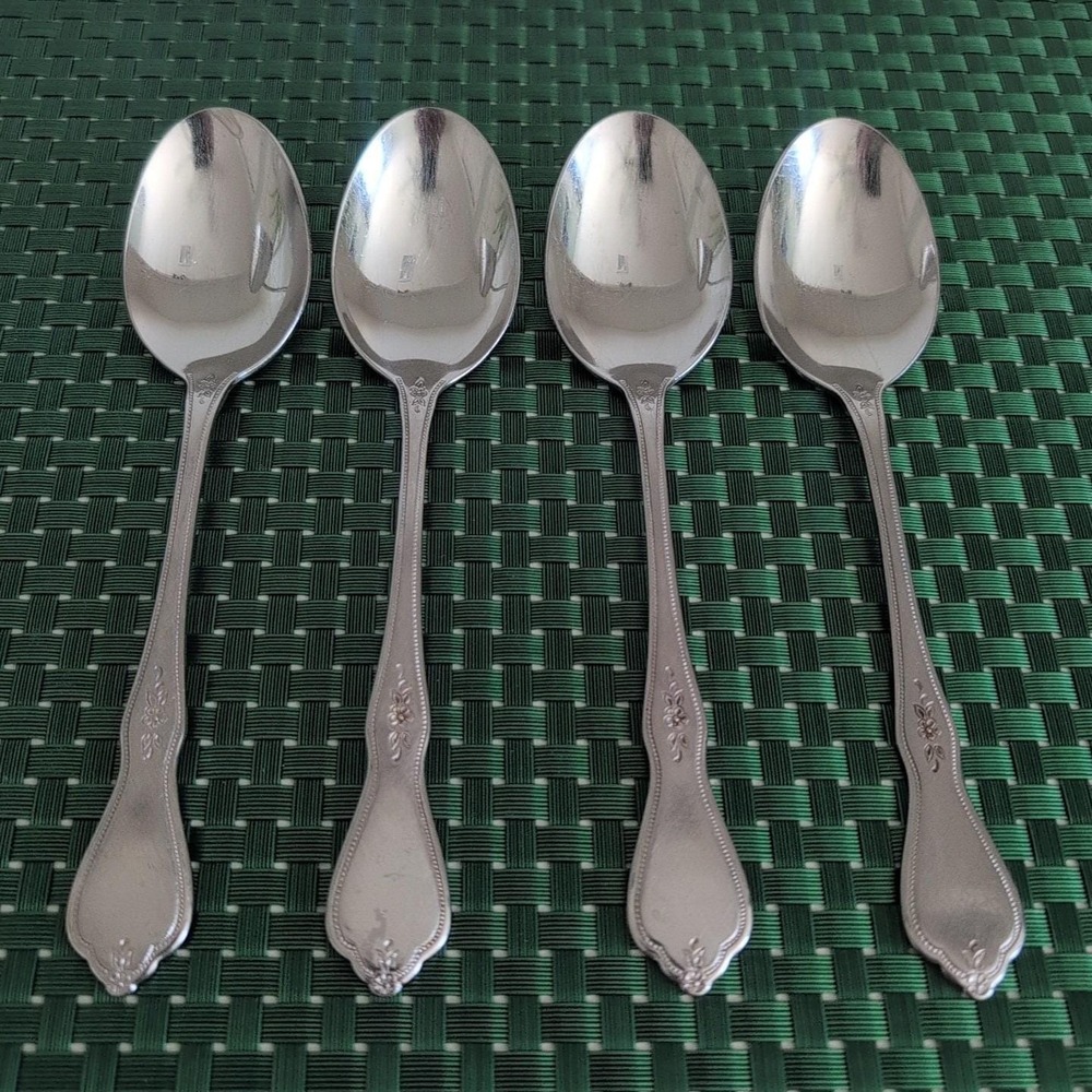 Oneida MORNING BLOSSOM Soup Spoons Set Lot of 4 Stainless Burnished Floral USA